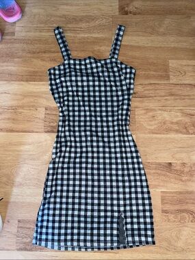 Black and White Gingham Mini Dress with Square Neck
